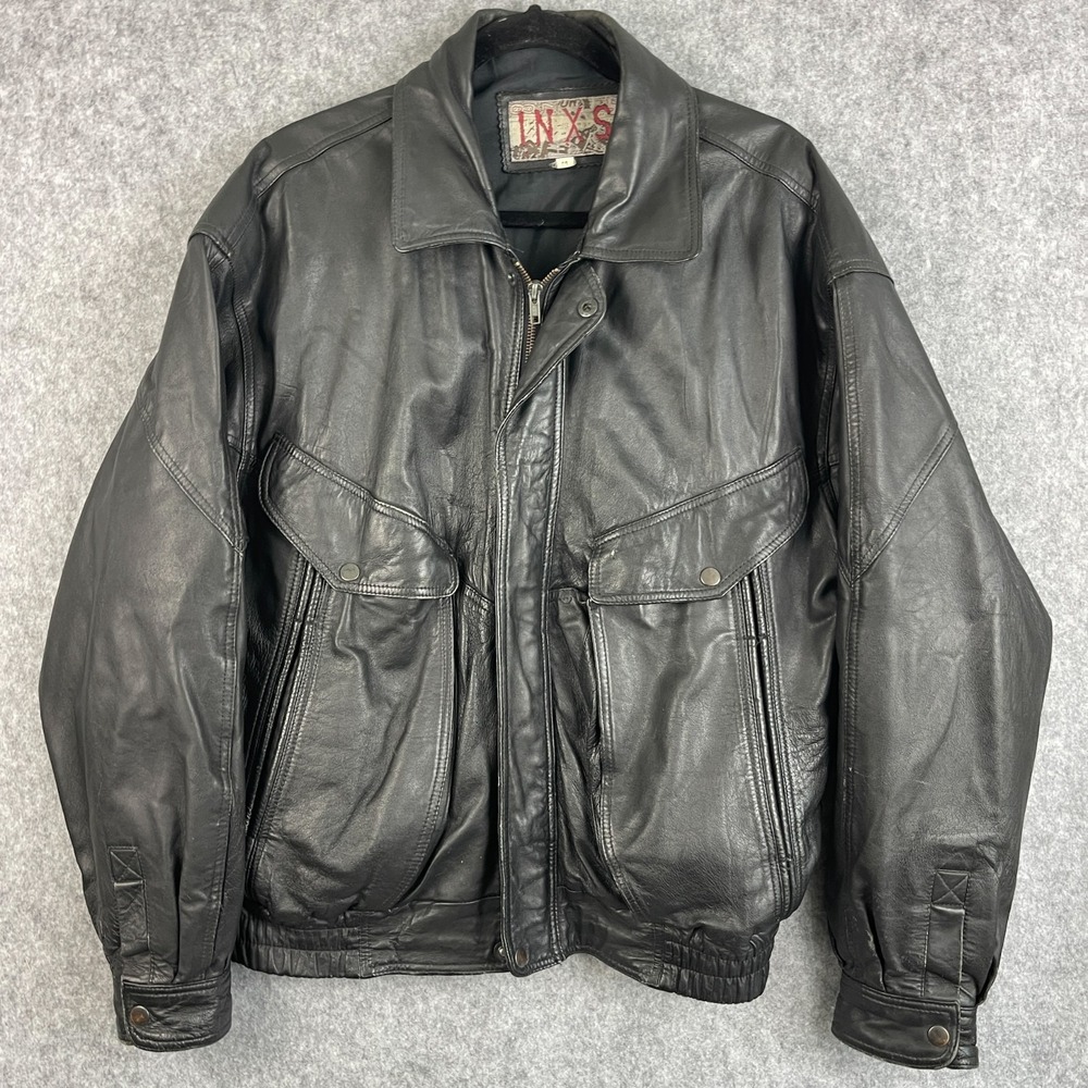 Vintage INXS Leather Bomber Jacket Men Medium Black Distressed Moto Motorcycle